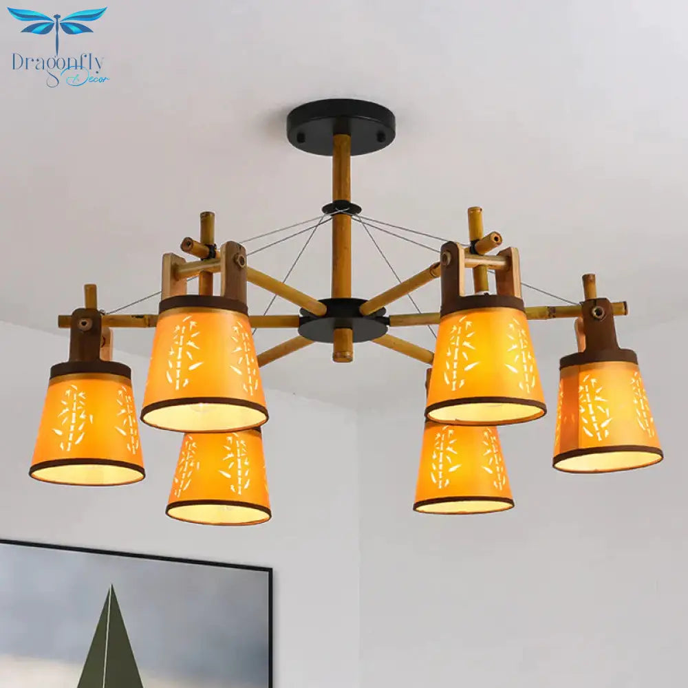 Tapered Fabric Chandelier Country Style 3/6/8 Bulbs Living Room Hanging Lamp Kit With Wood Shelf