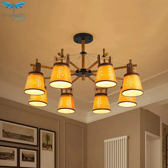 Tapered Fabric Chandelier Country Style 3/6/8 Bulbs Living Room Hanging Lamp Kit With Wood Shelf