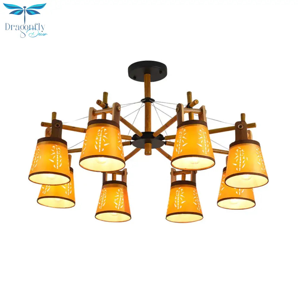 Tapered Fabric Chandelier Country Style 3/6/8 Bulbs Living Room Hanging Lamp Kit With Wood Shelf
