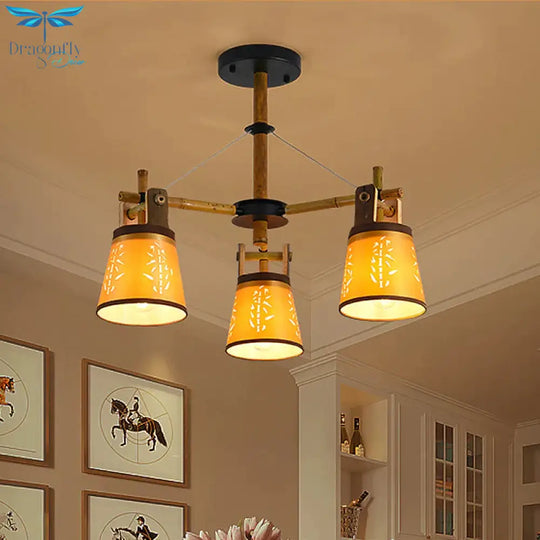 Tapered Fabric Chandelier Country Style 3/6/8 Bulbs Living Room Hanging Lamp Kit With Wood Shelf