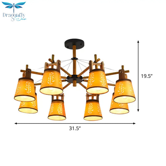 Tapered Fabric Chandelier Country Style 3/6/8 Bulbs Living Room Hanging Lamp Kit With Wood Shelf