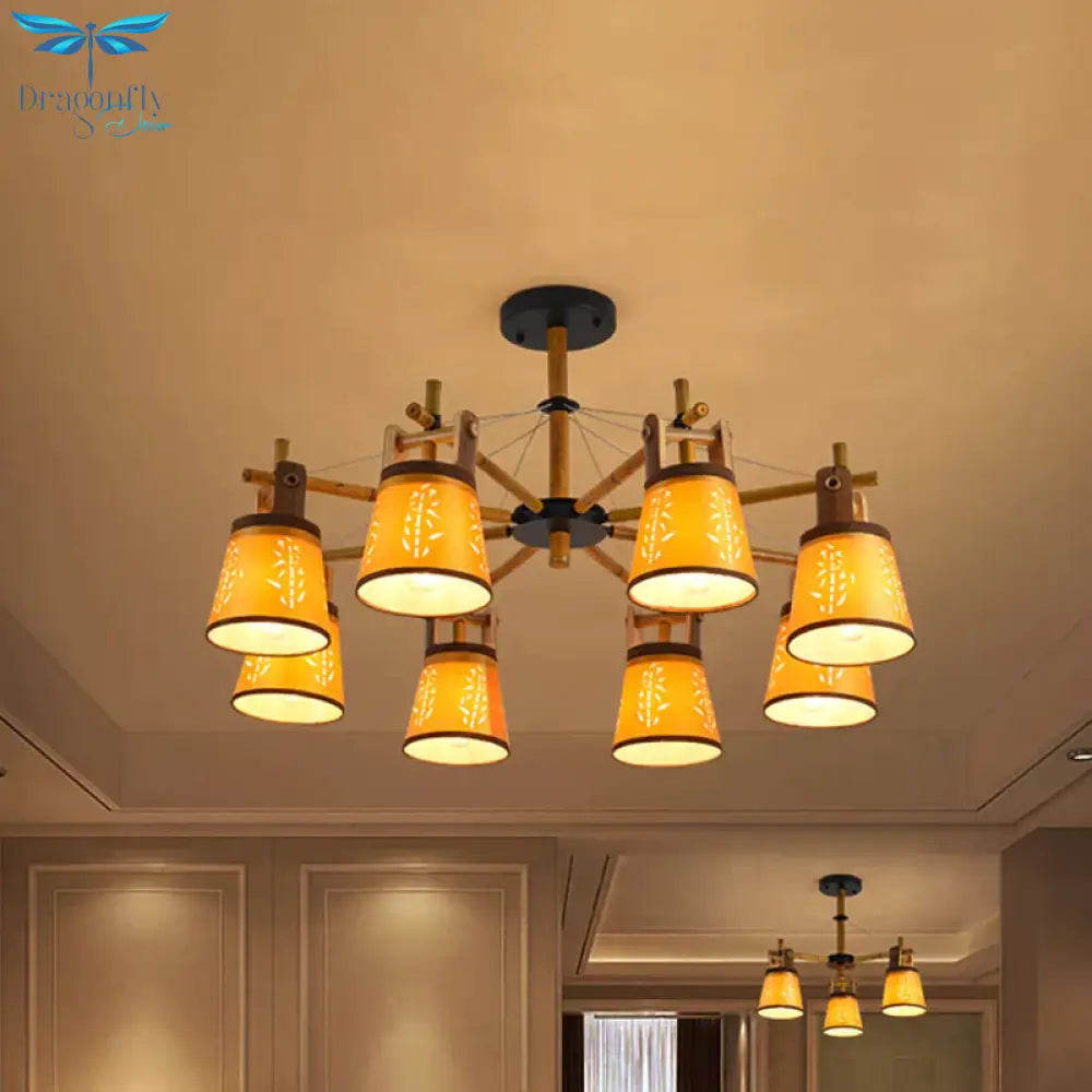 Tapered Fabric Chandelier Country Style 3/6/8 Bulbs Living Room Hanging Lamp Kit With Wood Shelf