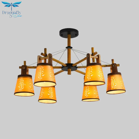 Tapered Fabric Chandelier Country Style 3/6/8 Bulbs Living Room Hanging Lamp Kit With Wood Shelf