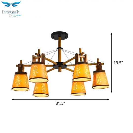 Tapered Fabric Chandelier Country Style 3/6/8 Bulbs Living Room Hanging Lamp Kit With Wood Shelf