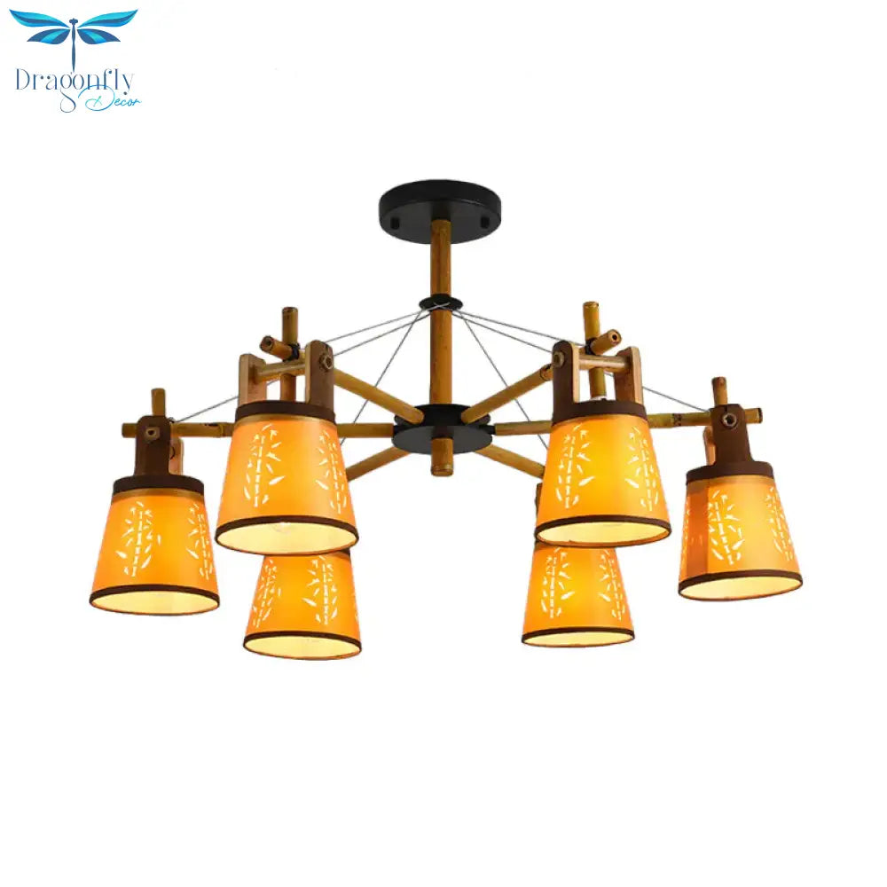 Tapered Fabric Chandelier Country Style 3/6/8 Bulbs Living Room Hanging Lamp Kit With Wood Shelf