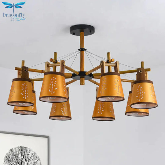 Tapered Fabric Chandelier Country Style 3/6/8 Bulbs Living Room Hanging Lamp Kit With Wood Shelf