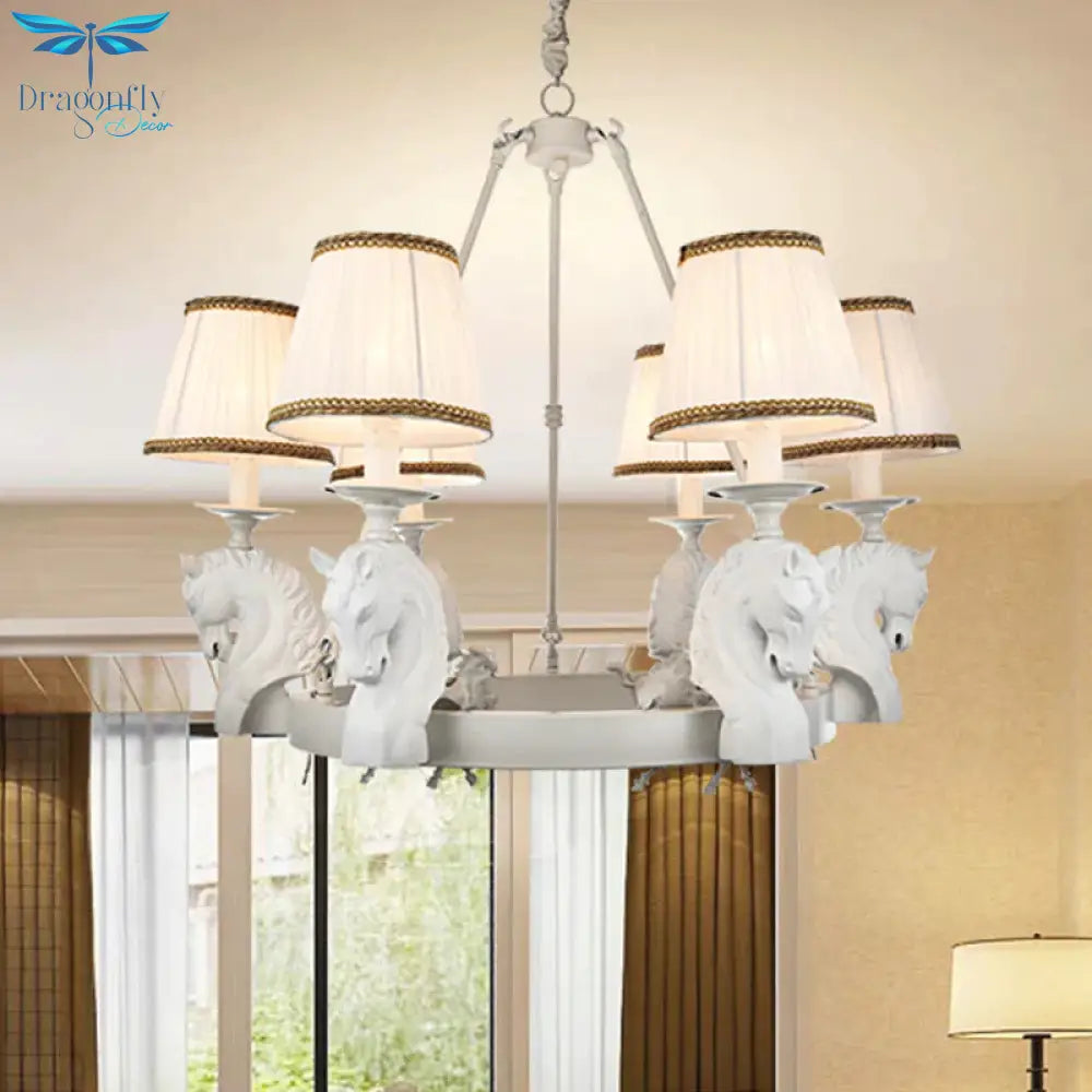 Tapered Fabric Chandelier Light Fixture Country 6 Heads Living Room Pendant Lamp In White/Bronze