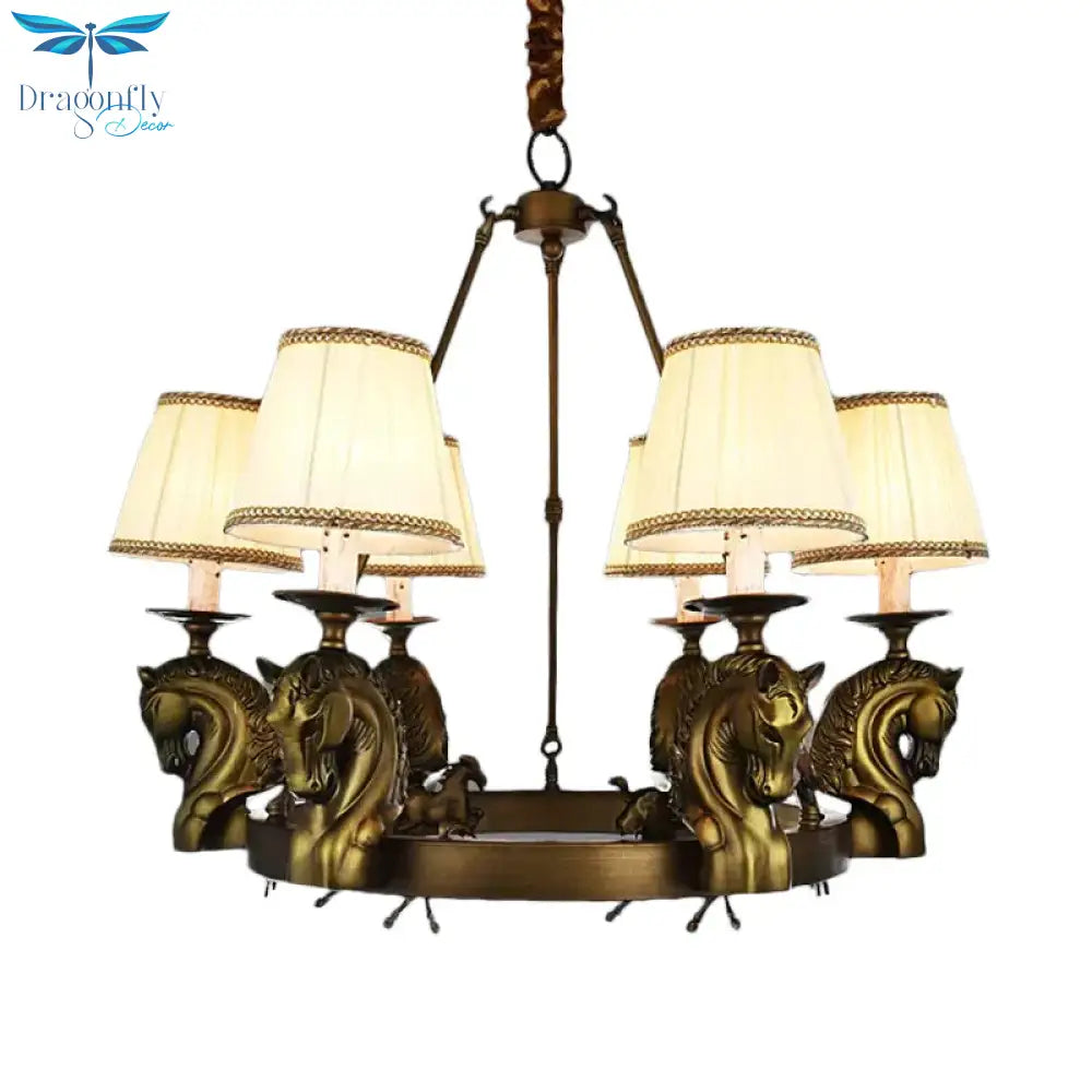 Tapered Fabric Chandelier Light Fixture Country 6 Heads Living Room Pendant Lamp In White/Bronze