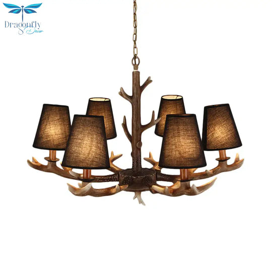 Tapered Living Room Drop Lamp Traditional Fabric 6 Bulbs Black Chandelier Pendant Light With Antler