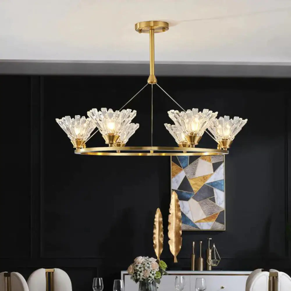 Tapered Living Room Pendant Chandelier Traditional Clear Glass 6 Heads Gold Led Hanging Ceiling
