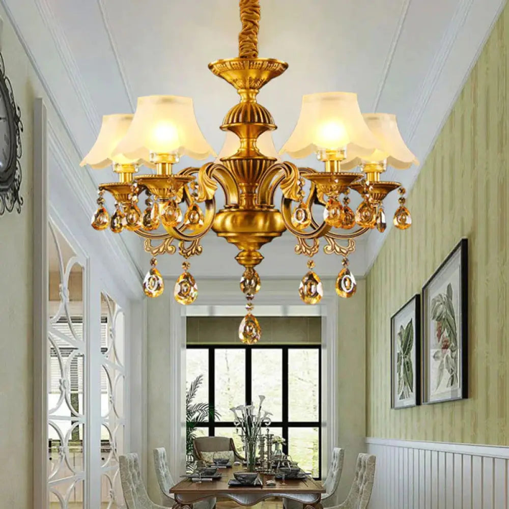 Tapered Shade Pendant Chandelier Mid Century 5 - Light Faceted Crystal Finial Ceiling Hang Fixture