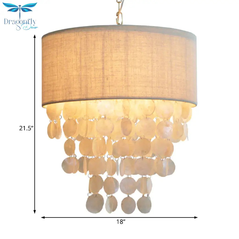 Tassel Shell Hanging Chandelier Retro 3 Heads White Ceiling Pendant Light With Drum Fabric Shade