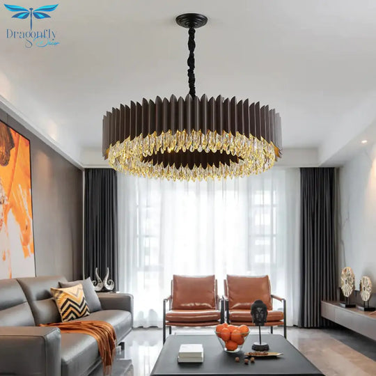 Teardrop Crystal Round Hanging Chandelier Postmodern Living Room Led Ceiling Pendant In Black