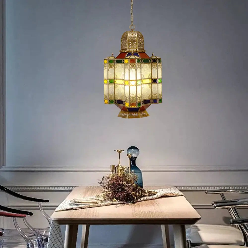 Textured Glass Brass Ceiling Pendant Lantern 6 - Head Chandelier Light Fixture For Restaurant