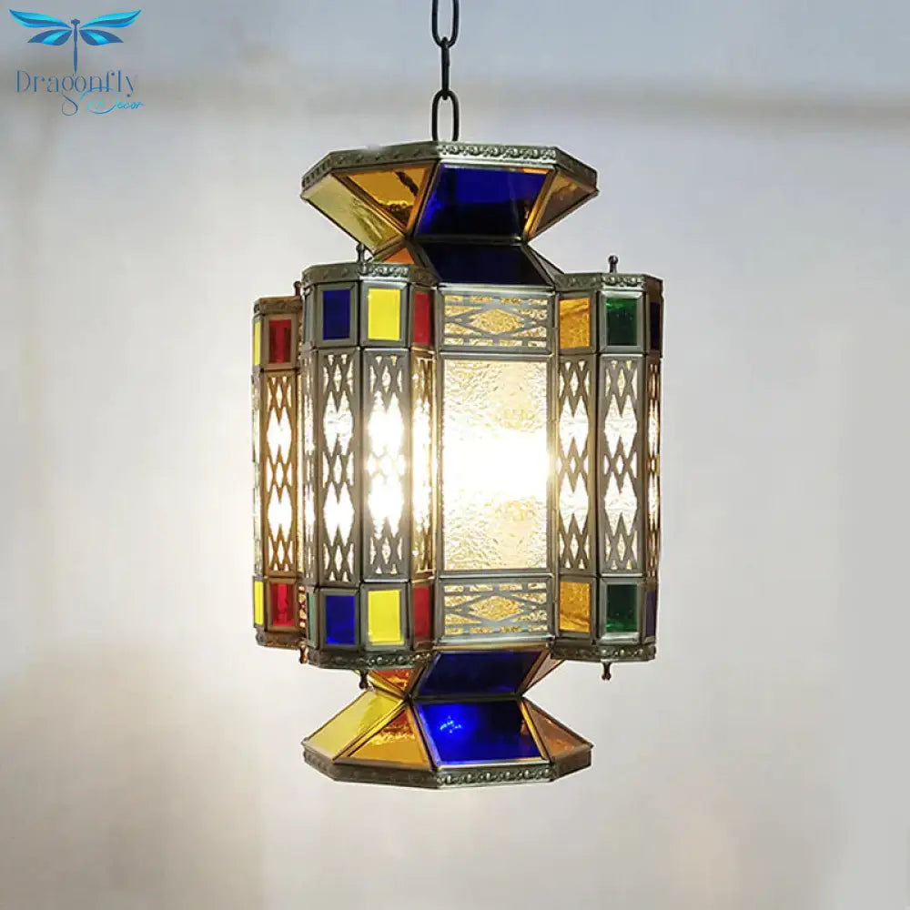 Textured Glass Lantern Ceiling Light Decorative 3 Bulbs Restaurant Chandelier Lighting In Brass
