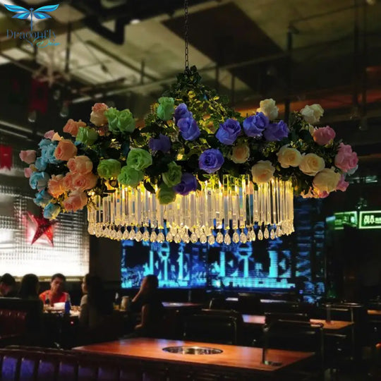 The New Rose Flower Pendant Light Theme Restaurant Hot Pot Atmosphere Sense Crystal Bar High - End