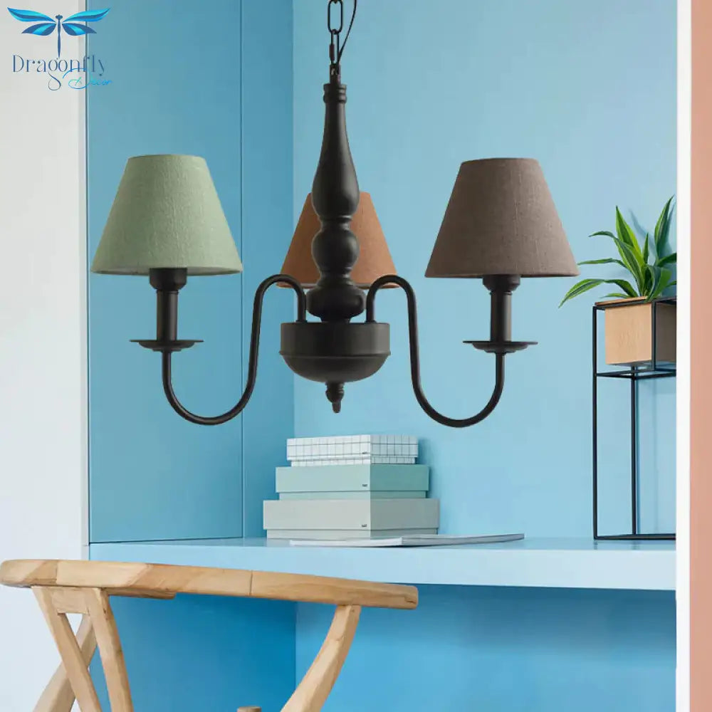 Three Lights Bucket Shade Chandelier Kids Metal Hanging Light For In Black Kindergarten