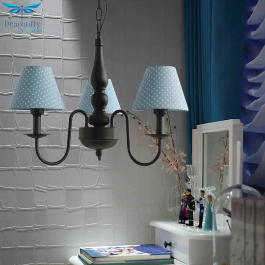Three Lights Bucket Shade Chandelier Kids Metal Hanging Light For In Black Kindergarten