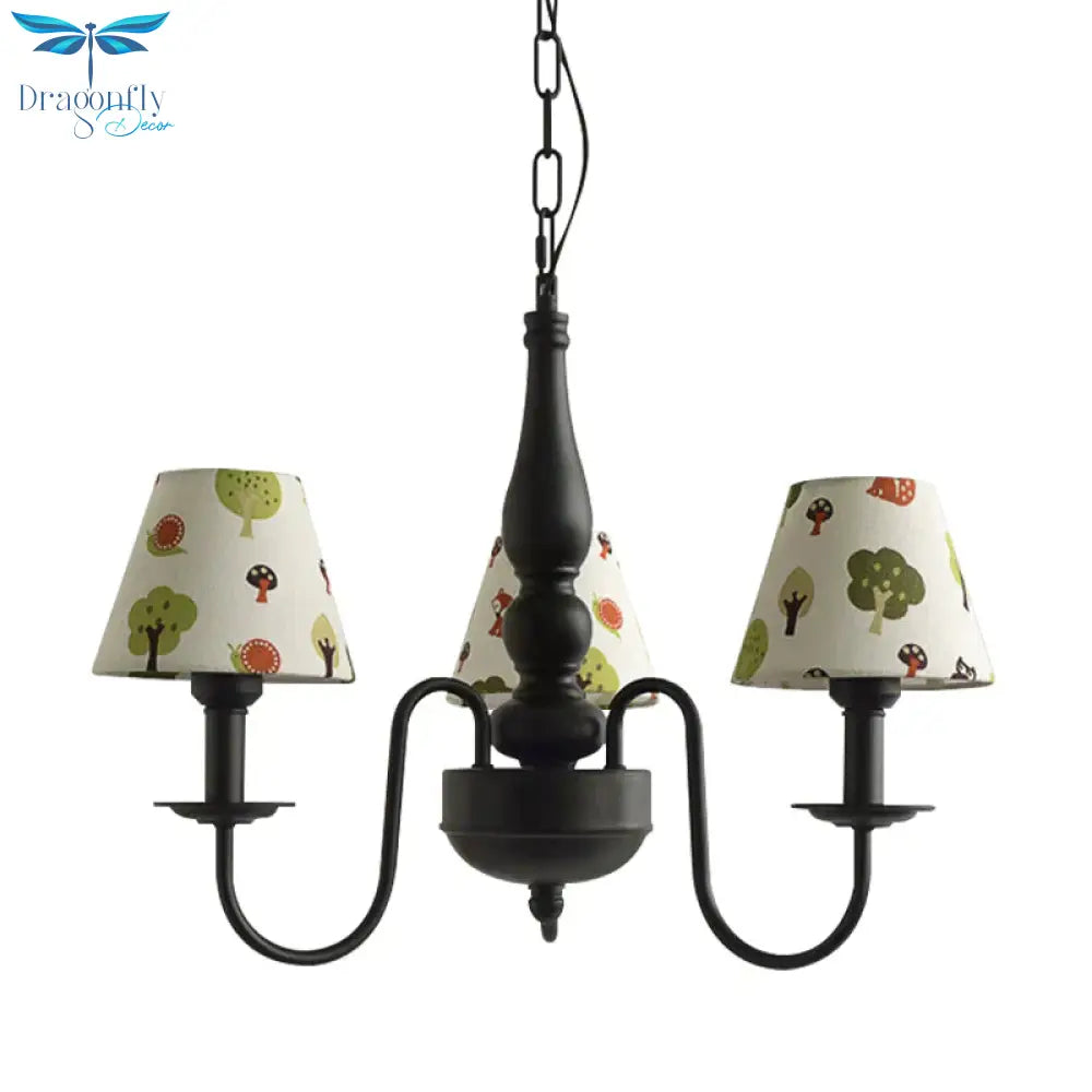 Three Lights Bucket Shade Chandelier Kids Metal Hanging Light For In Black Kindergarten