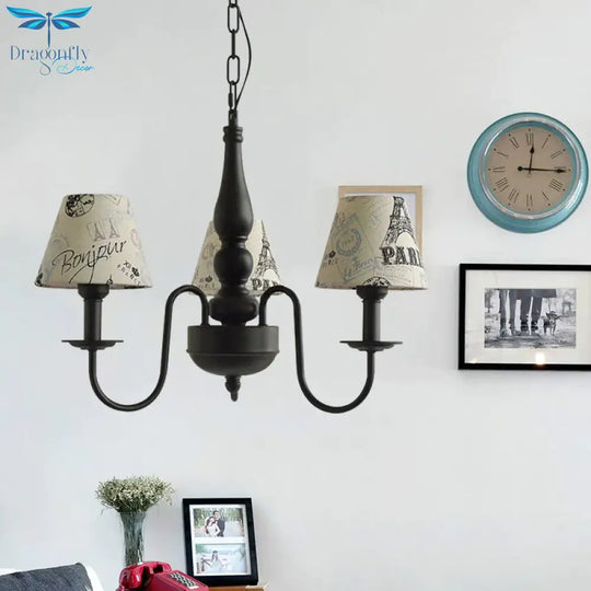 Three Lights Bucket Shade Chandelier Kids Metal Hanging Light For In Black Kindergarten