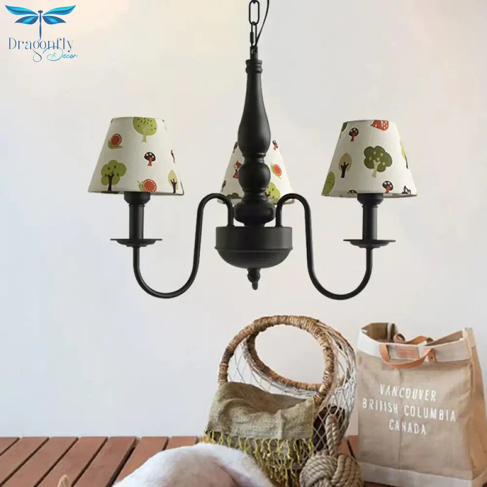 Three Lights Bucket Shade Chandelier Kids Metal Hanging Light For In Black Kindergarten