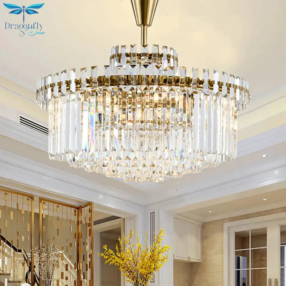 Tiered Round Clear Crystal Chandelier Light Classic 10/18 Heads Living Room Pendant Lighting In Gold