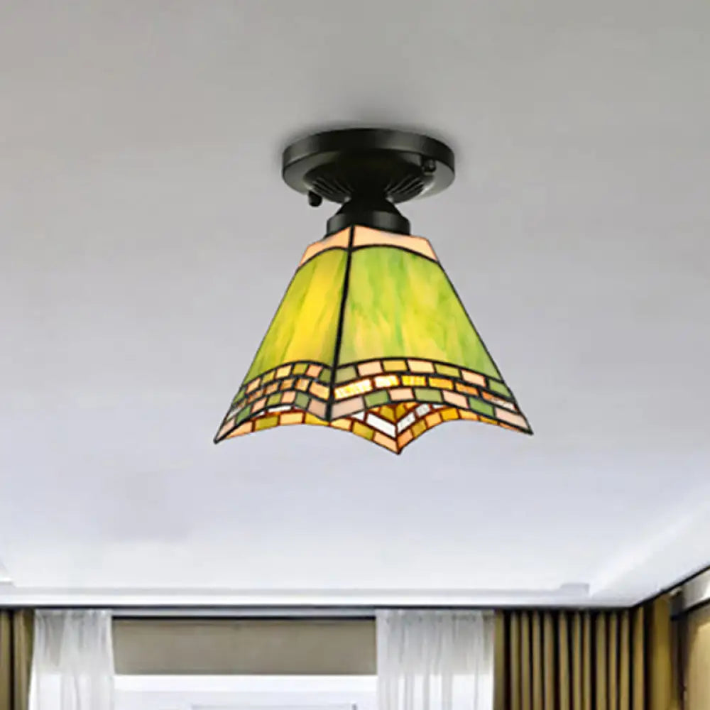 Tiffany - Style Art Glass Ceiling Light - 1 Green Flush Mount Fixture For Offices And Corridors