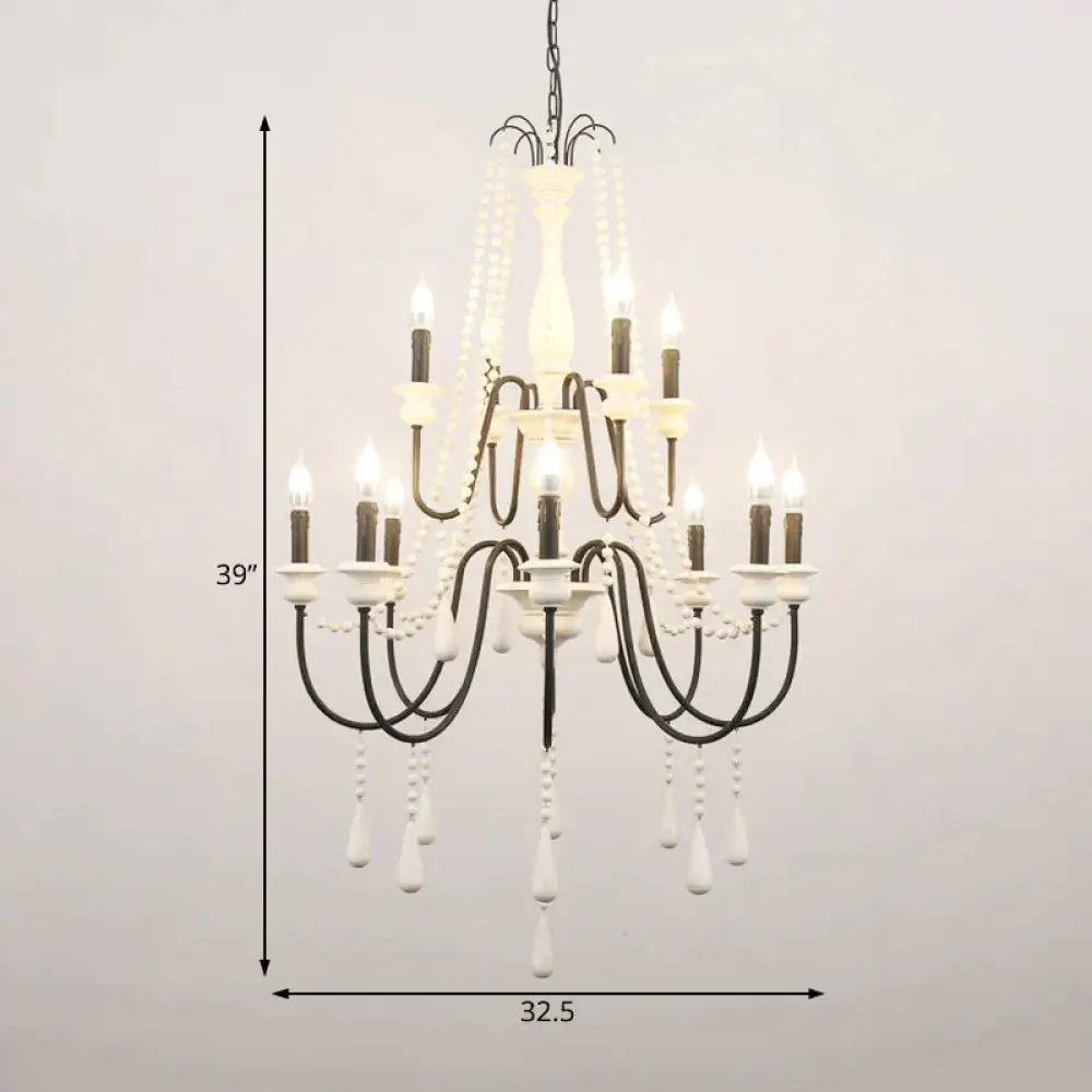 Traditional 2 - Tier Hanging Chandelier Metal 12 Bulbs Suspension Light In White With Wooden Drop