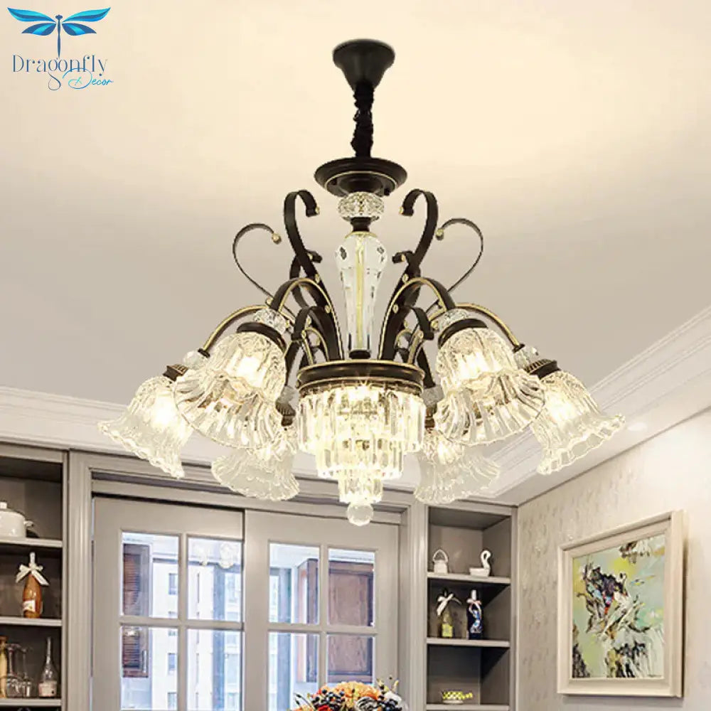 Traditional 6 - Light Chandelier Clear Crystal Shaded Floral Ceiling Pendant Light In Black
