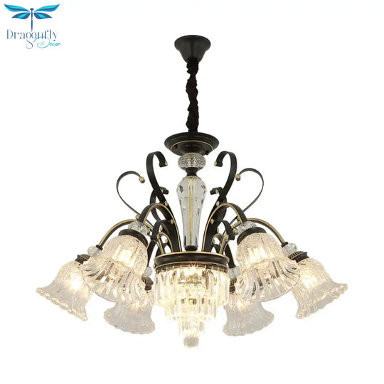 Traditional 6 - Light Chandelier Clear Crystal Shaded Floral Ceiling Pendant Light In Black