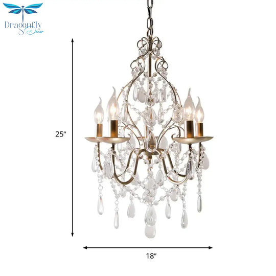 Traditional Antique Brass Crystal Teardrop Chandelier - 5 - Bulb Metal Candle Ceiling Fixture