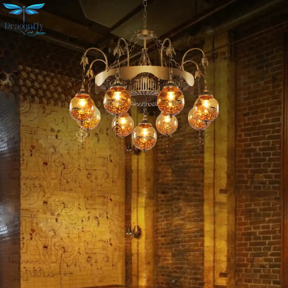 Traditional Ball Chandelier Lighting 9 Heads Tan Glass Suspension Pendant Lamp For Restaurant