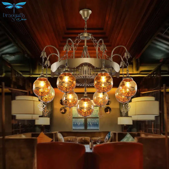 Traditional Ball Chandelier Lighting 9 Heads Tan Glass Suspension Pendant Lamp For Restaurant
