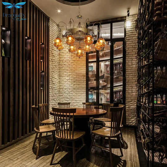 Traditional Ball Chandelier Lighting 9 Heads Tan Glass Suspension Pendant Lamp For Restaurant