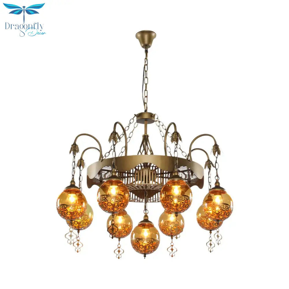 Traditional Ball Chandelier Lighting 9 Heads Tan Glass Suspension Pendant Lamp For Restaurant