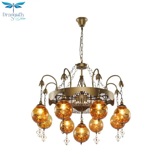 Traditional Ball Chandelier Lighting 9 Heads Tan Glass Suspension Pendant Lamp For Restaurant
