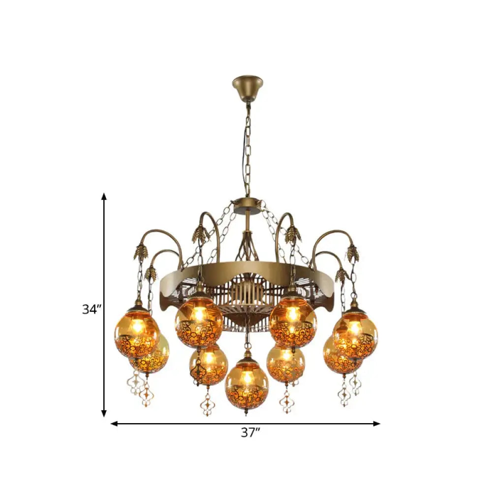 Traditional Ball Chandelier Lighting 9 Heads Tan Glass Suspension Pendant Lamp For Restaurant