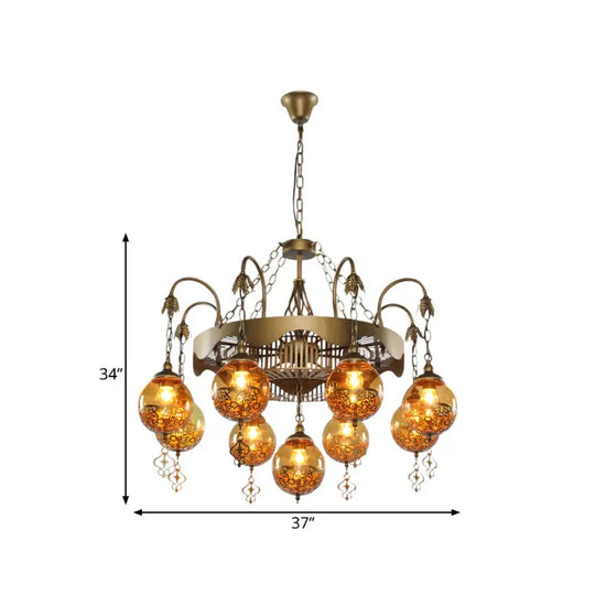 Traditional Ball Chandelier Lighting 9 Heads Tan Glass Suspension Pendant Lamp For Restaurant