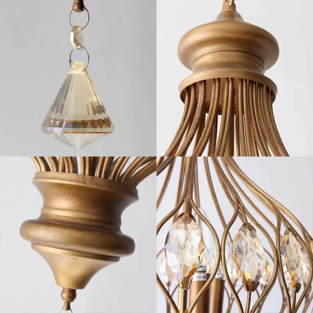 Traditional Ball Hanging Chandelier Metal 3 Bulbs Suspension Light In Brass With Crystal Teardrop