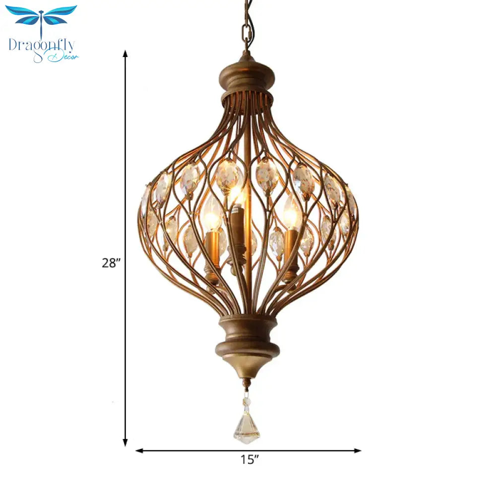 Traditional Ball Hanging Chandelier Metal 3 Bulbs Suspension Light In Brass With Crystal Teardrop
