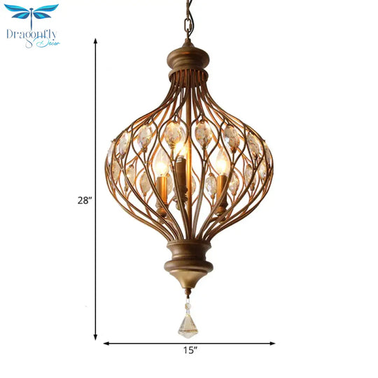 Traditional Ball Hanging Chandelier Metal 3 Bulbs Suspension Light In Brass With Crystal Teardrop