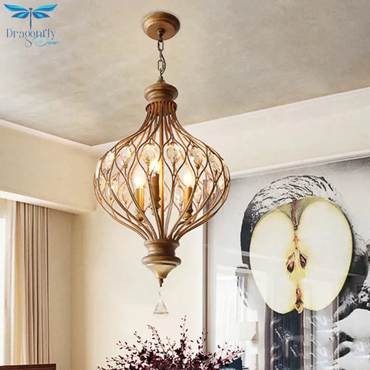 Traditional Ball Hanging Chandelier Metal 3 Bulbs Suspension Light In Brass With Crystal Teardrop
