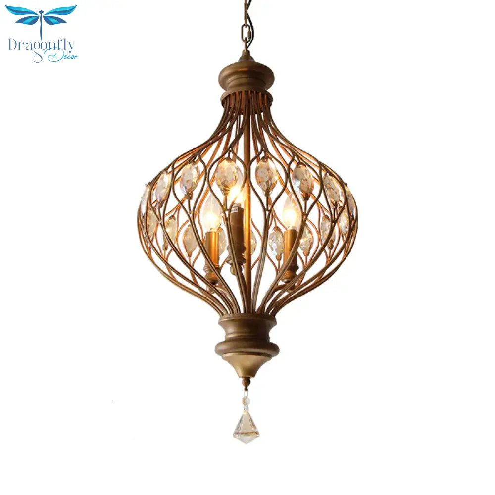 Traditional Ball Hanging Chandelier Metal 3 Bulbs Suspension Light In Brass With Crystal Teardrop