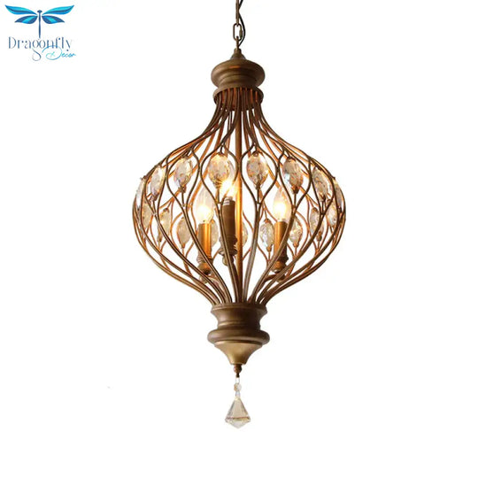Traditional Ball Hanging Chandelier Metal 3 Bulbs Suspension Light In Brass With Crystal Teardrop