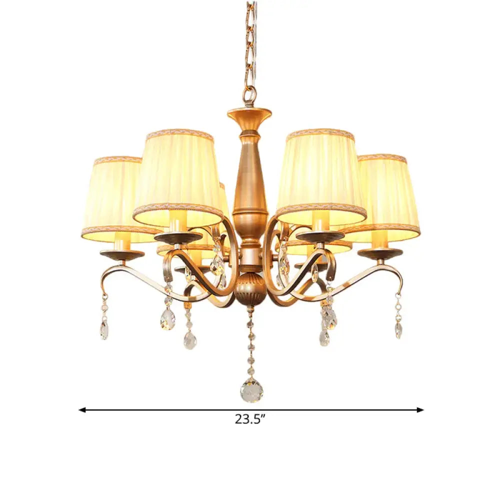 Traditional Barrel Shade Hanging Light 6 Bulbs Pleated Fabric Ceiling Chandelier With Gold Curved