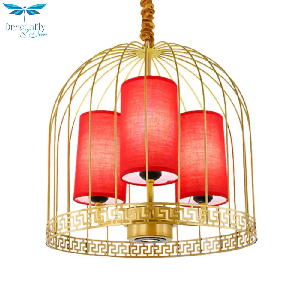 Traditional Birdcage Chandelier Light Metal 3/5 Lights Restaurant Black/Gold Ceiling Lamp With Red