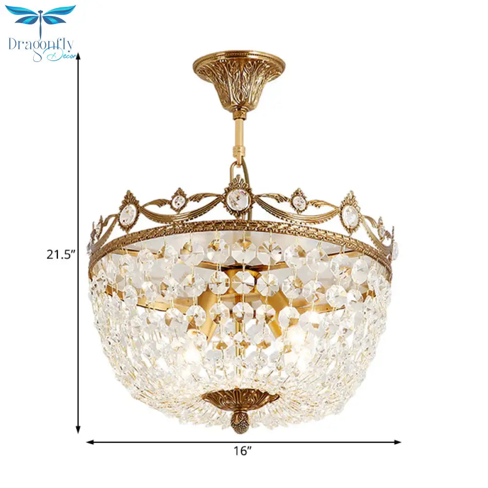 Traditional Bowl Hanging Chandelier Crystal 4 Bulbs Suspension Light In Brass For Hallway