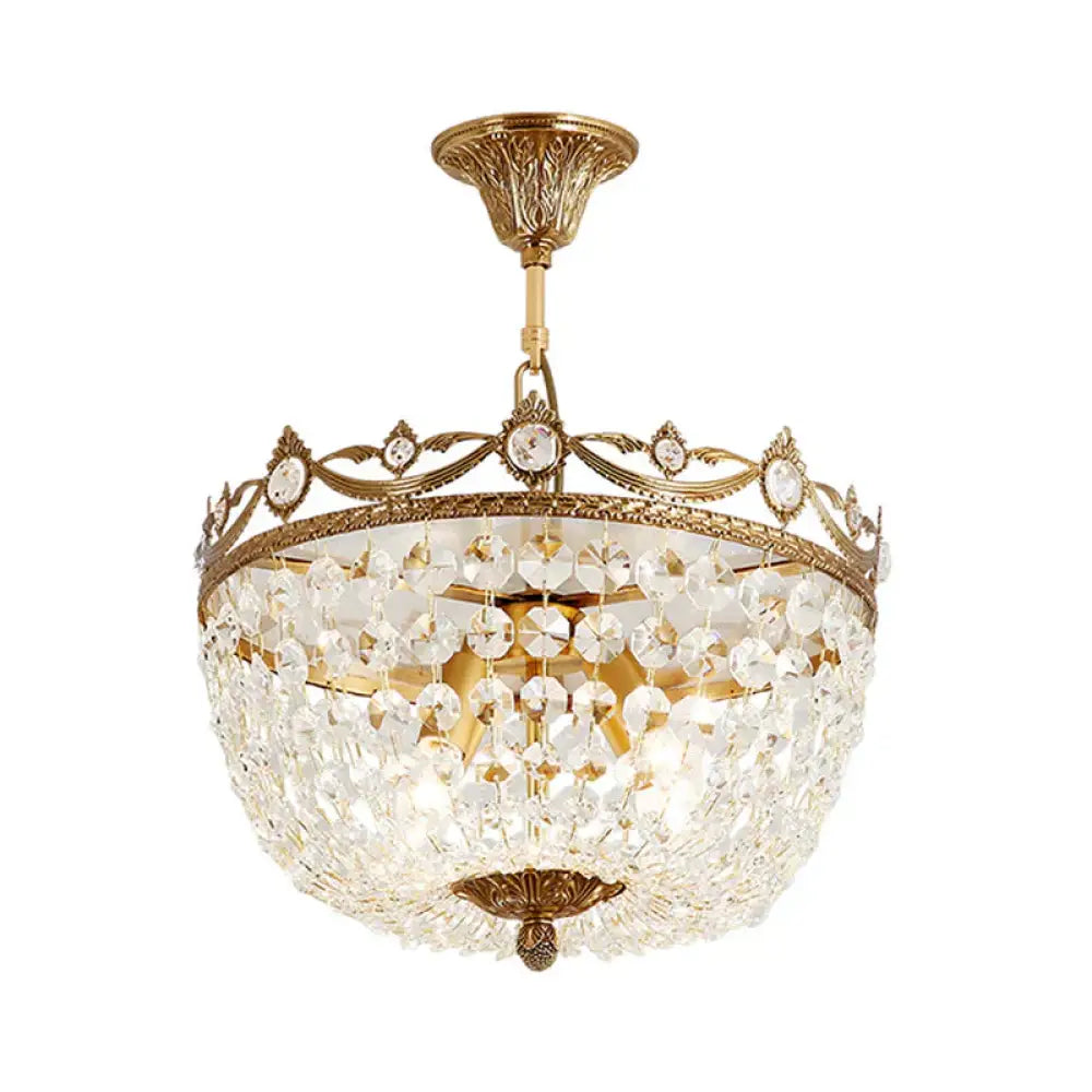 Traditional Bowl Hanging Chandelier Crystal 4 Bulbs Suspension Light In Brass For Hallway