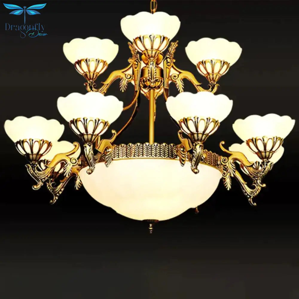Traditional Brass Multi - Tiered 15 Bulbs Chandelier In Cream Glass