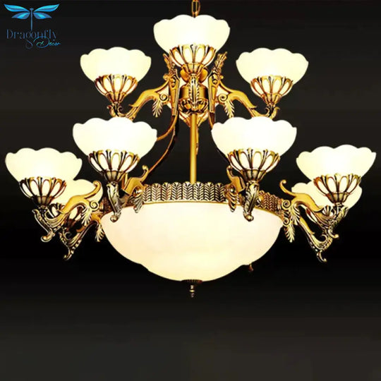 Traditional Brass Multi - Tiered 15 Bulbs Chandelier In Cream Glass